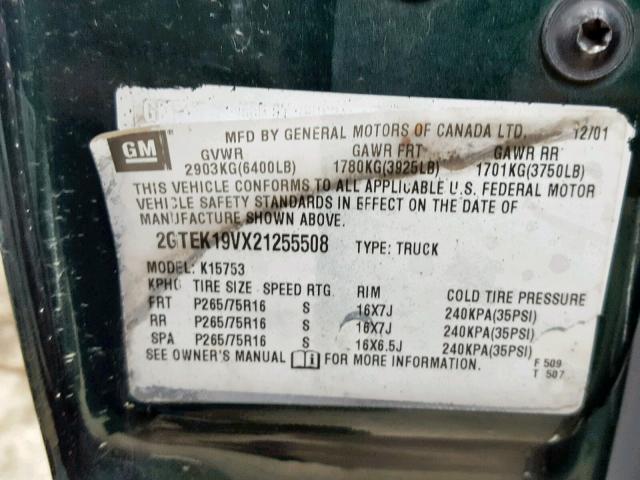 2GTEK19VX21255508 - 2002 GMC NEW SIERRA GREEN photo 10