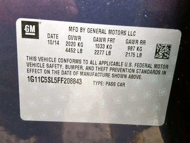 1G11C5SL5FF208843 - 2015 CHEVROLET MALIBU 1LT BLUE photo 10