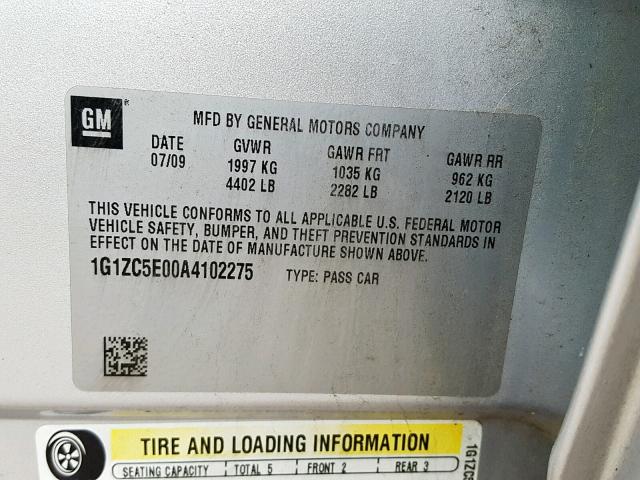 1G1ZC5E00A4102275 - 2010 CHEVROLET MALIBU 1LT SILVER photo 10