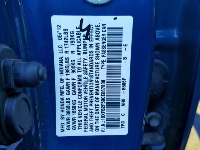 19XFB2F59CE067808 - 2012 HONDA CIVIC LX BLUE photo 10