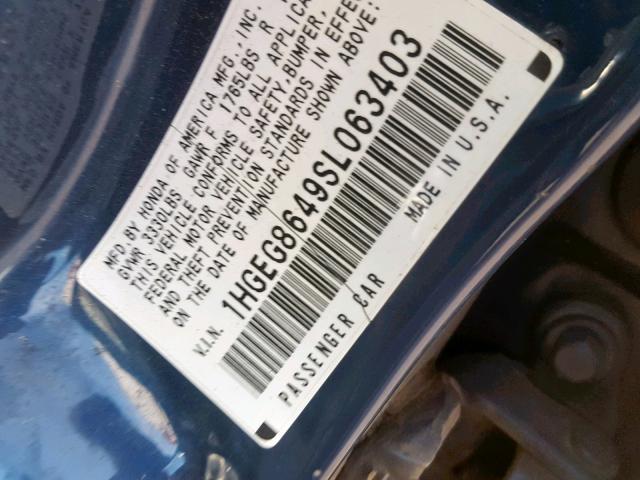 1HGEG8649SL063403 - 1995 HONDA CIVIC DX BLUE photo 10