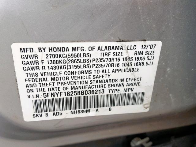 5FNYF18258B036213 - 2008 HONDA PILOT VP SILVER photo 10