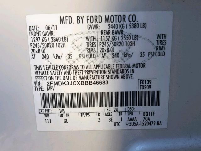 2FMDK3JCXBBB46683 - 2011 FORD EDGE SEL WHITE photo 10