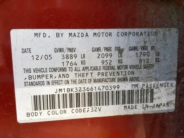 JM1BK323661470399 - 2006 MAZDA 3 S RED photo 10