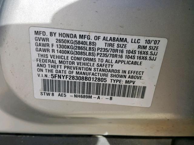 5FNYF28308B012805 - 2008 HONDA PILOT SE SILVER photo 10