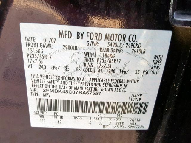 2FMDK48C07BA67557 - 2007 FORD EDGE SEL PURPLE photo 10