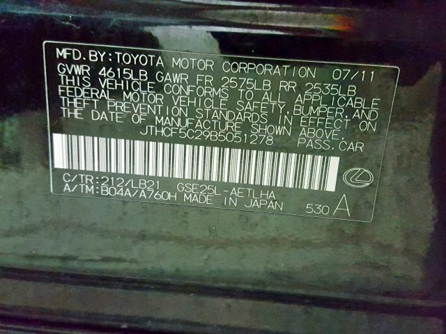 JTHCF5C29B5051278 - 2011 LEXUS IS 250 BLACK photo 10