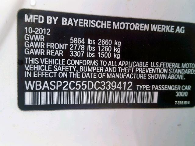 WBASP2C55DC339412 - 2013 BMW 535 XIGT WHITE photo 10