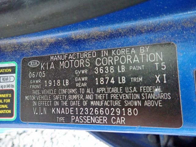 KNADE123266029180 - 2006 KIA RIO BLUE photo 10