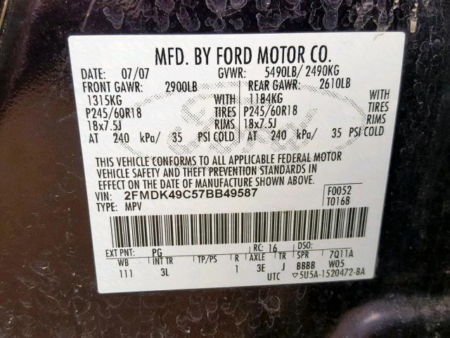 2FMDK49C57BB49587 - 2007 FORD EDGE SEL P BLACK photo 10