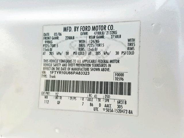 1FTYR10U66PA83323 - 2006 FORD RANGER WHITE photo 10