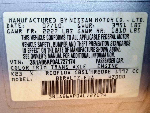 3N1AB6AP0AL727174 - 2010 NISSAN SENTRA 2.0 SILVER photo 10