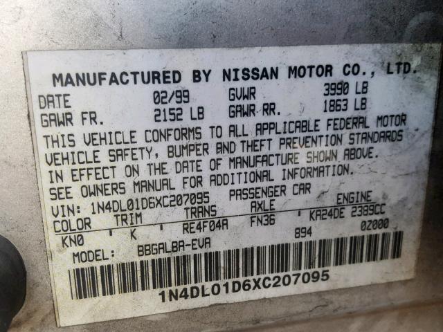 1N4DL01D6XC207095 - 1999 NISSAN ALTIMA XE SILVER photo 10