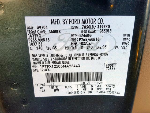 1FTPX12505NA23443 - 2005 FORD F150 GREEN photo 10