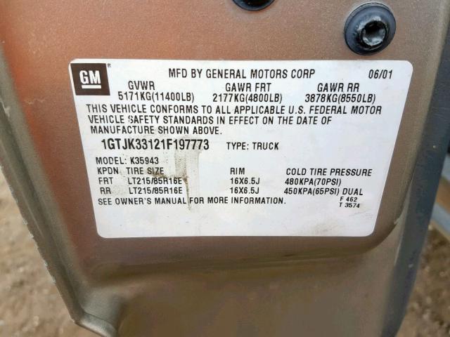 1GTJK33121F197773 - 2001 GMC NEW SIERRA GOLD photo 10