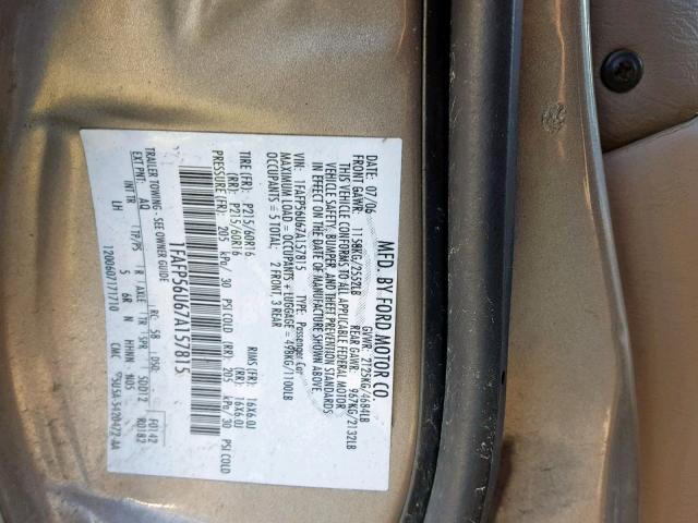 1FAFP56U67A157815 - 2007 FORD TAURUS SEL GOLD photo 10