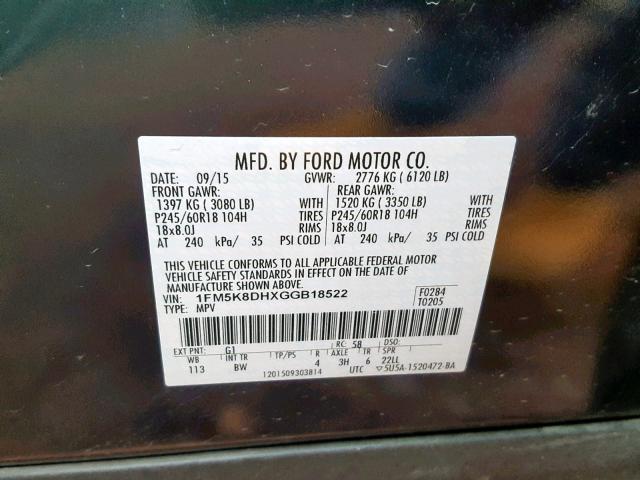 1FM5K8DHXGGB18522 - 2016 FORD EXPLORER X BLACK photo 10