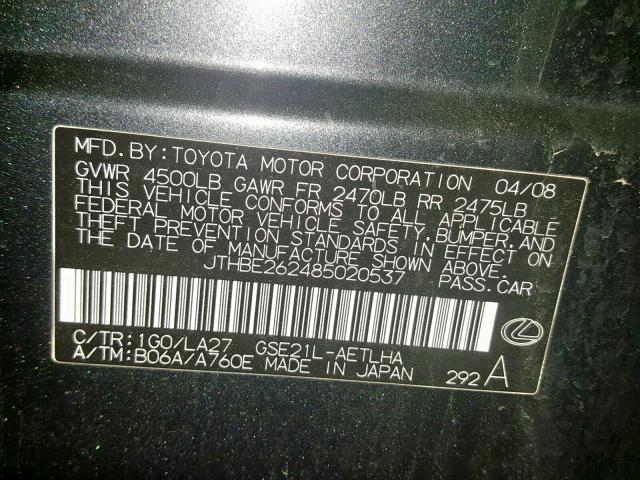 JTHBE262485020537 - 2008 LEXUS IS 350 GRAY photo 10