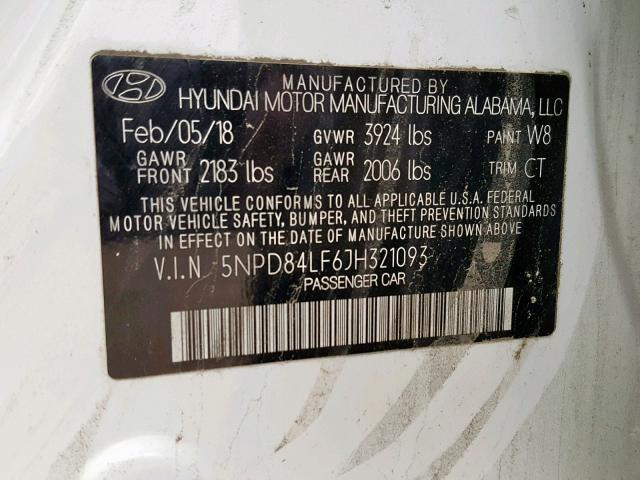 5NPD84LF6JH321093 - 2018 HYUNDAI ELANTRA SE WHITE photo 10