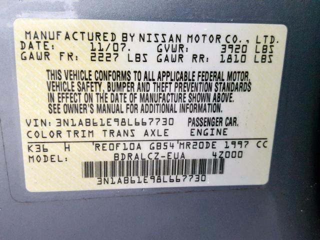 3N1AB61E98L667730 - 2008 NISSAN SENTRA 2.0 SILVER photo 10