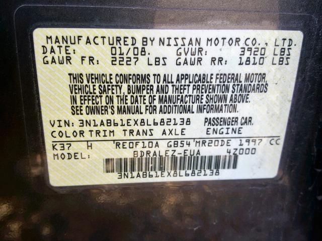 3N1AB61EX8L682138 - 2008 NISSAN SENTRA 2.0 GRAY photo 10