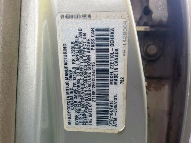 2T1BR12E9XC248115 - 1999 TOYOTA COROLLA VE SILVER photo 10