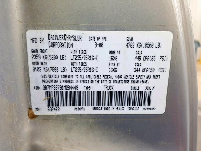 3B7MF36791M264449 - 2001 DODGE RAM 3500 SILVER photo 10