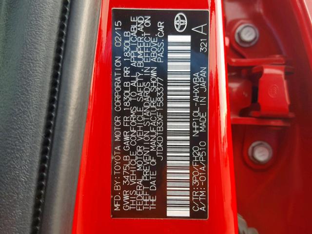 JTDKDTB3XF1583377 - 2015 TOYOTA PRIUS C RED photo 10