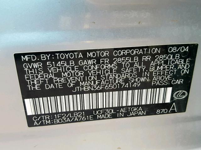 JTHBN36F650174149 - 2005 LEXUS LS 430 SILVER photo 10