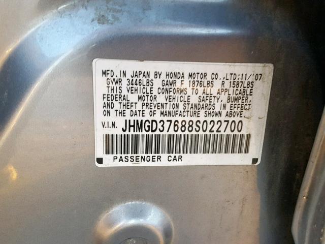 JHMGD37688S022700 - 2008 HONDA FIT SPORT SILVER photo 10