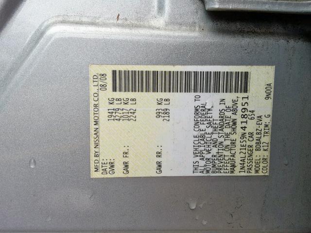 1N4AL21E59N418951 - 2009 NISSAN ALTIMA 2.5 SILVER photo 10