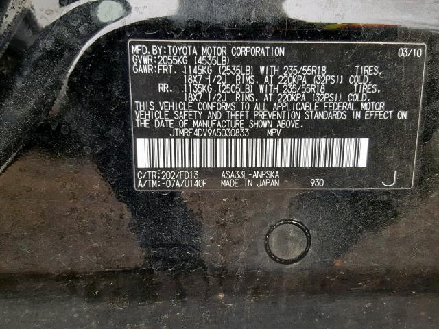 JTMRF4DV9A5030833 - 2010 TOYOTA RAV4 SPORT BLACK photo 10