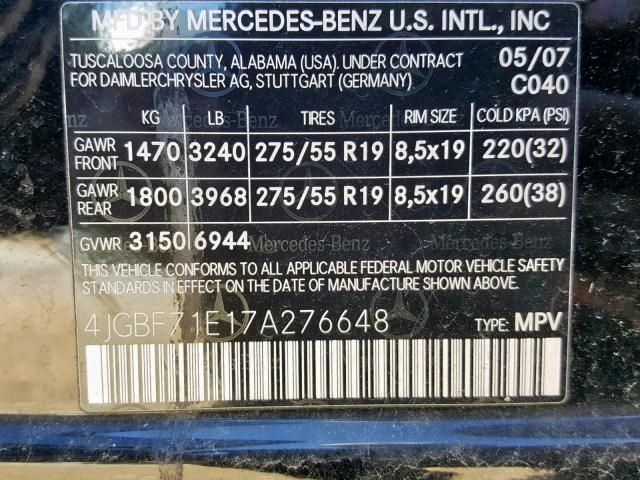 4JGBF71E17A276648 - 2007 MERCEDES-BENZ GL 450 4MA BLACK photo 10