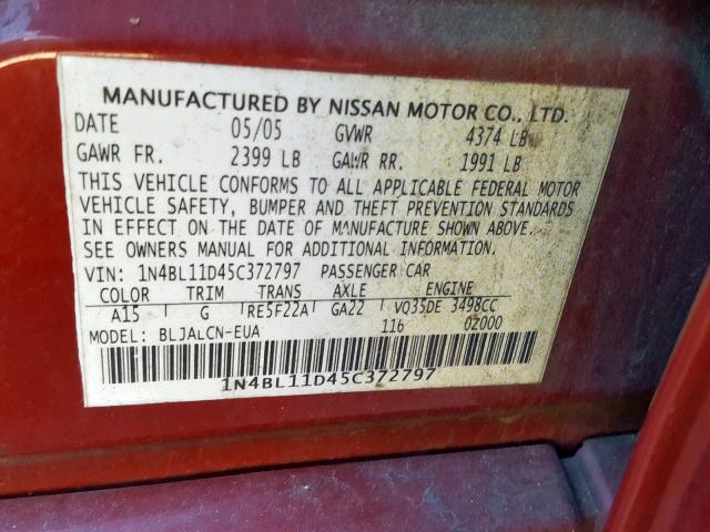 1N4BL11D45C372797 - 2005 NISSAN ALTIMA SE RED photo 10