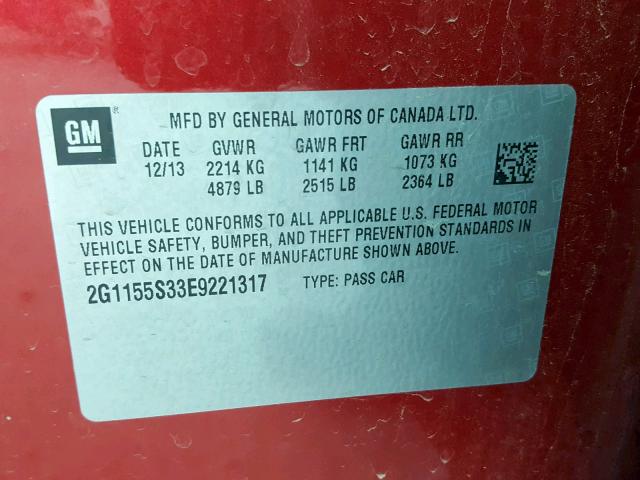 2G1155S33E9221317 - 2014 CHEVROLET IMPALA LTZ RED photo 10