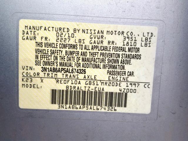 3N1AB6AP5AL674326 - 2010 NISSAN SENTRA 2.0 SILVER photo 10