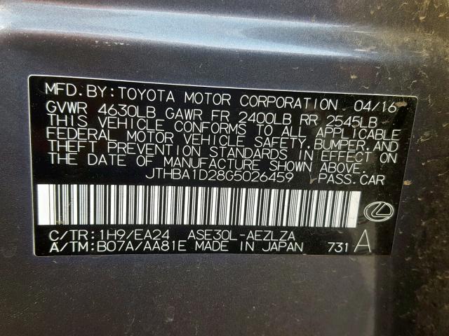 JTHBA1D28G5026459 - 2016 LEXUS IS 200T GRAY photo 10