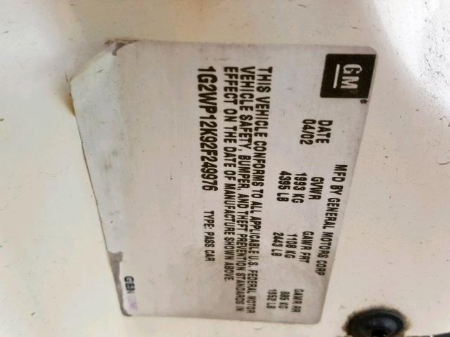 1G2WP12K92F249976 - 2002 PONTIAC GRAND PRIX WHITE photo 10