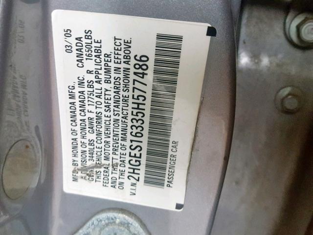 2HGES16335H577486 - 2005 HONDA CIVIC DX V SILVER photo 10