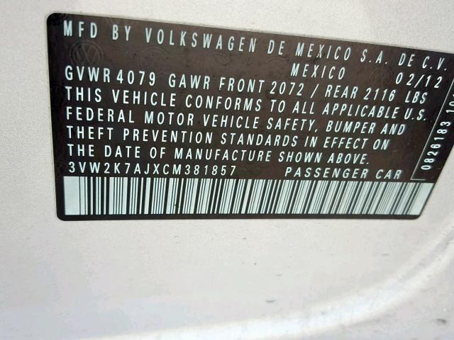 3VW2K7AJXCM381857 - 2012 VOLKSWAGEN JETTA BASE Արծաթագույն լուսանկար 10