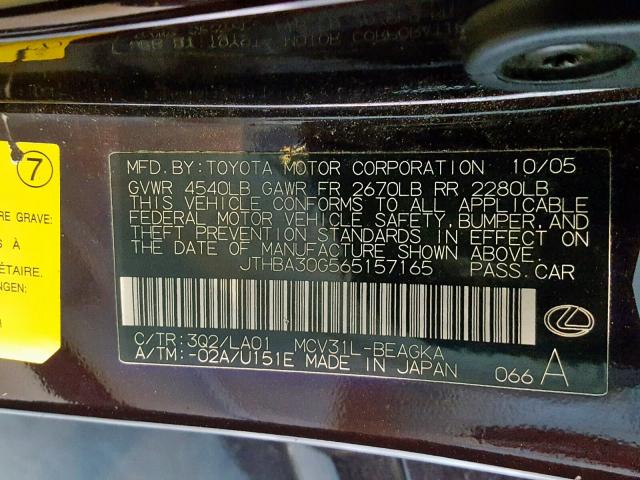 JTHBA30G565157165 - 2006 LEXUS ES 330 BURGUNDY photo 10