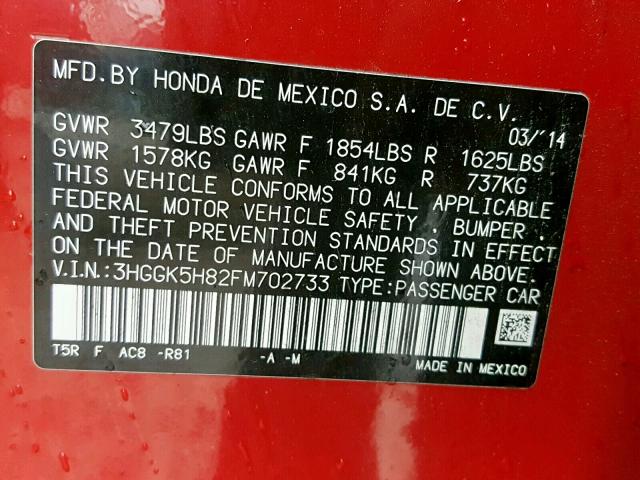 3HGGK5H82FM702733 - 2015 HONDA FIT EX RED photo 10