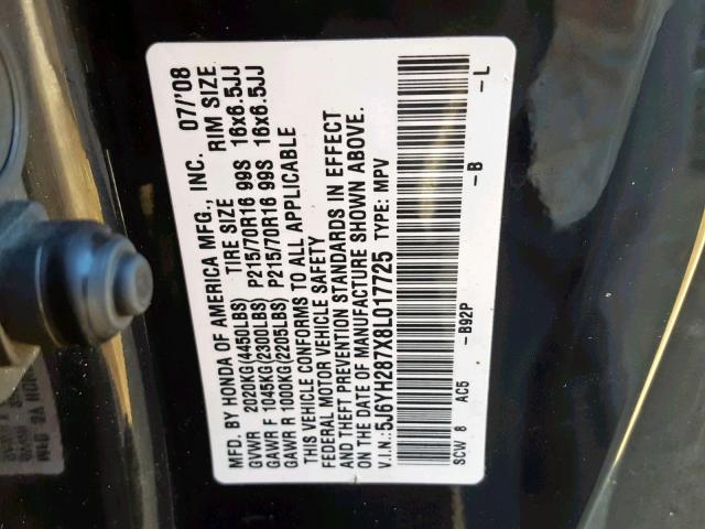 5J6YH287X8L017725 - 2008 HONDA ELEMENT EX BLACK photo 10