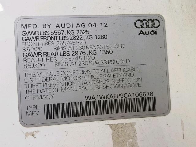 WA1WKAFP9CA106678 - 2012 AUDI Q5 PRESTIG WHITE photo 10