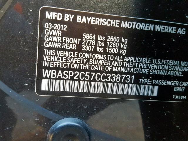 WBASP2C57CC338731 - 2012 BMW 535 XIGT BLACK photo 10