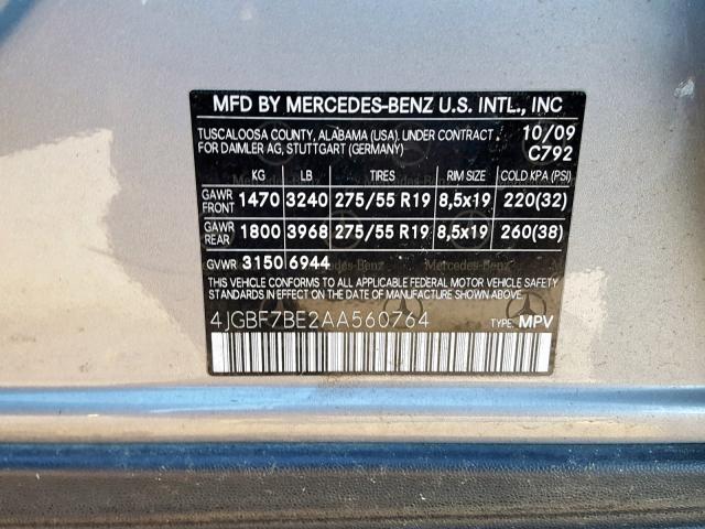 4JGBF7BE2AA560764 - 2010 MERCEDES-BENZ GL 450 4MA SILVER photo 10