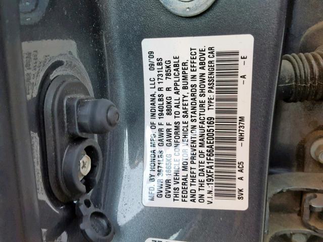 19XFA1F66AE005169 - 2010 HONDA CIVIC LX-S GRAY photo 10