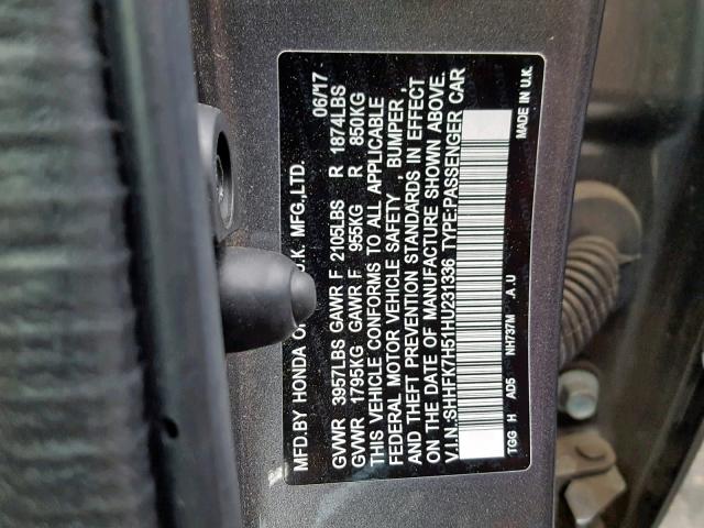 SHHFK7H51HU231336 - 2017 HONDA CIVIC EX GRAY photo 10