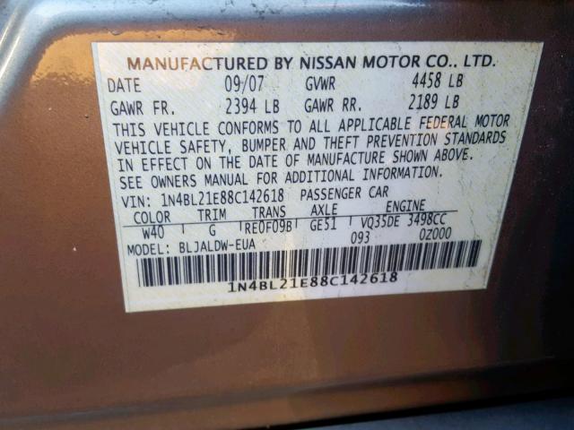 1N4BL21E88C142618 - 2008 NISSAN ALTIMA 3.5 GRAY photo 10