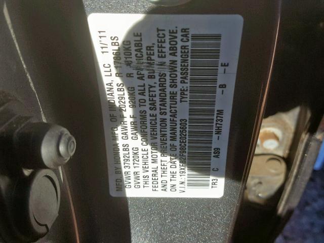 19XFB2F98CE025603 - 2012 HONDA CIVIC EXL GRAY photo 10